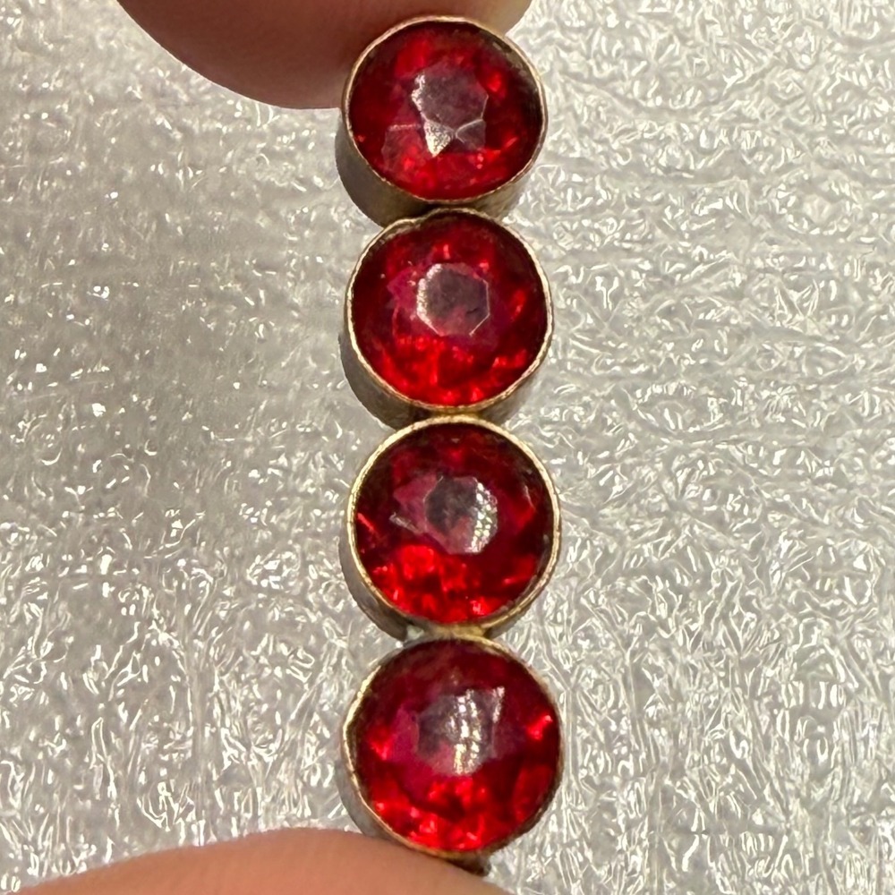 Antique Art Deco‎ Brass Bar Brooch Pin 4 Faceted Red Glass Paste Stones C Clasp